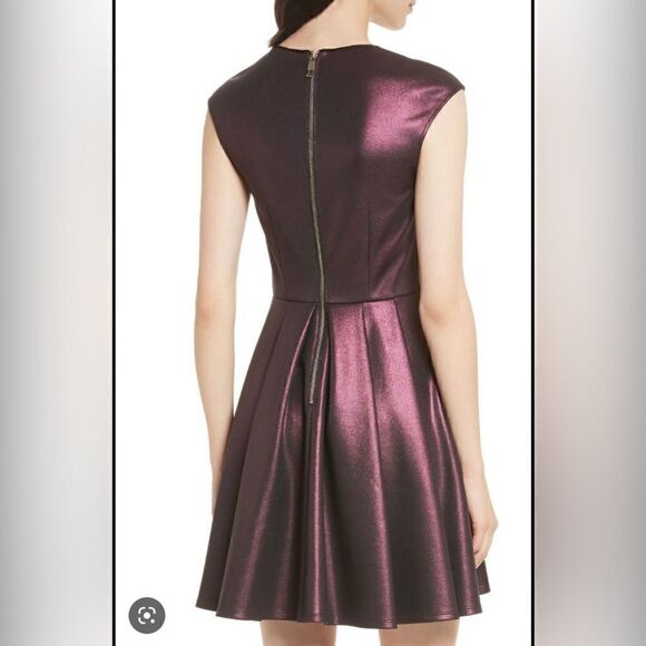 TED BAKER 0 US 2 Ayma Embellished Oxblood Metallic Fit & Flare Skater Dress Prom - Picture 2 of 12